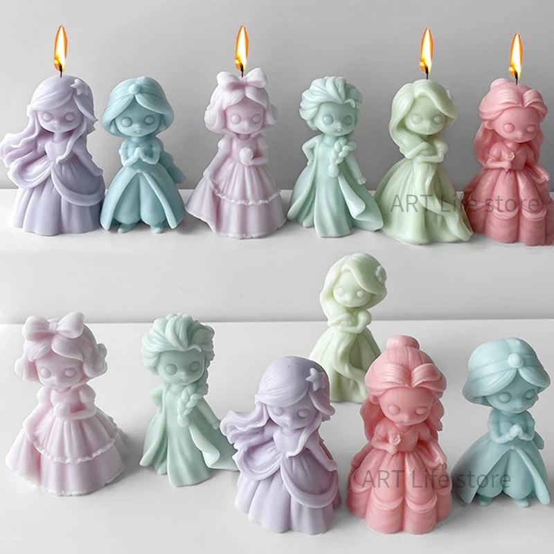 Candle Making Gel Wax - シリコンプリンセスドールキャンドルモールド、3Dガールポートレート、エポキシ製作用品、手作り石鹸、チョコレートスキューブベーキングツール、6